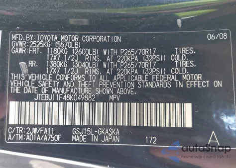 2008 Toyota Fj Cruiser z USA, uszkodzony, nr VIN JTEBU11F48K049882